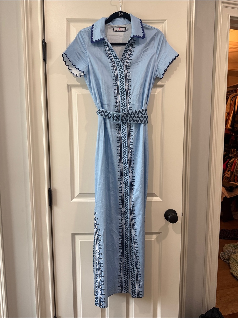Light Blue Embroidered Maxi Shirt Dress with Belt